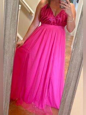 Hot Pink Sequin Tulle Long Dress with Low Back